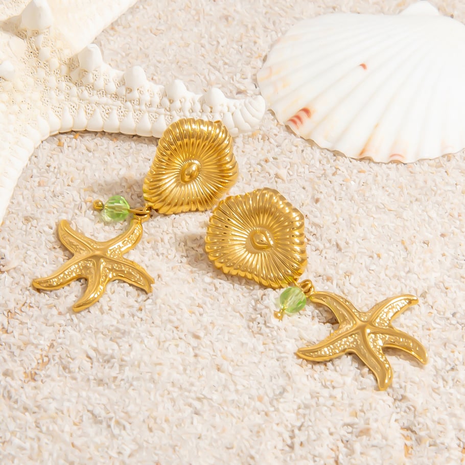 1 par de pendientes colgantes de acero inoxidable dorados con diseño de tortuga de vacaciones de la serie romántica para mujer Imagen6