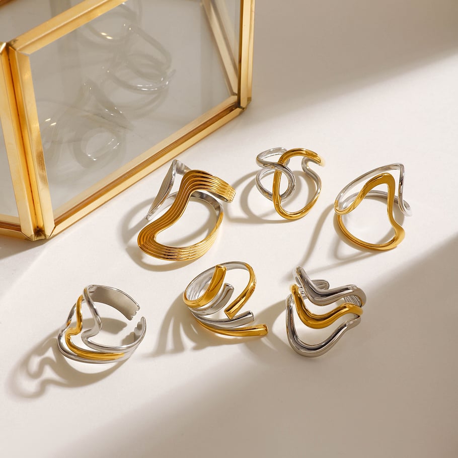 Anillos ajustables para mujer de acero inoxidable color dorado con personalidad de serie simple de 1 pieza Imagen7