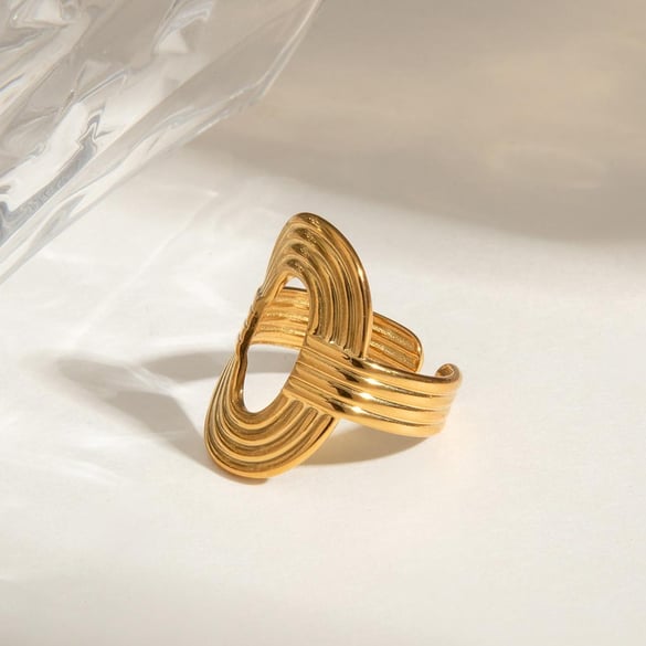 1 Piece Classic Series Stylish Oval Line Stainless Steel Gold Color Women's Adjustable Rings