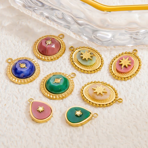 1 Piece Bohemian Series Retro Star Chromatic Natural Stone Stainless Steel Gold Color Women's Pendants 2