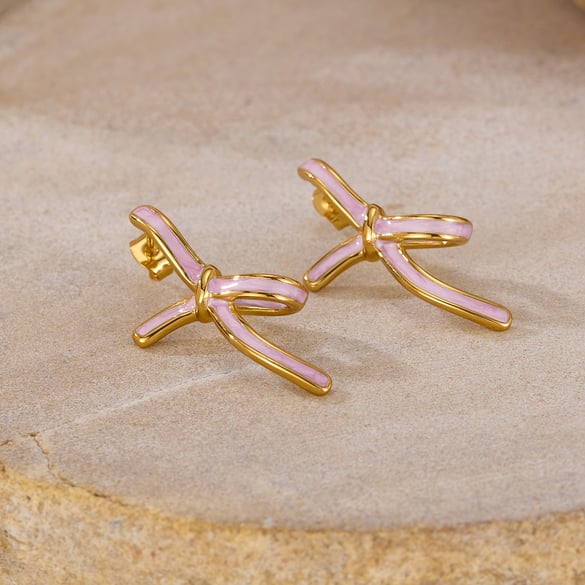 1 Pair Lovely Series Daily Pink Bow Knot Stainless Steel Gold Color Women's Stud Earrings