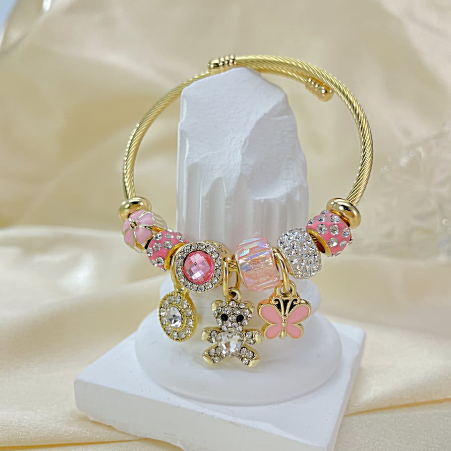 1 Piece Designable Series Cute Bow Knot Bear Beads Stainless Steel Gold Color Women's Bangles Picture3
