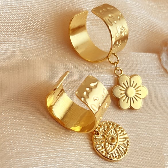 1 Piece Stylish Series Retro Eye Shape Wafer Dangle Stainless Steel Gold Color Women's Adjustable Rings