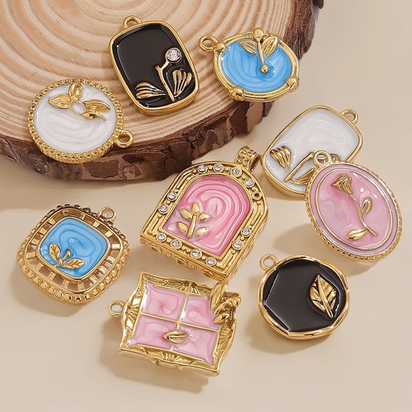 1 Piece Exquisite Series Retro Flower Oil-spot Glazing Stainless Steel Gold Color Women's Pendants