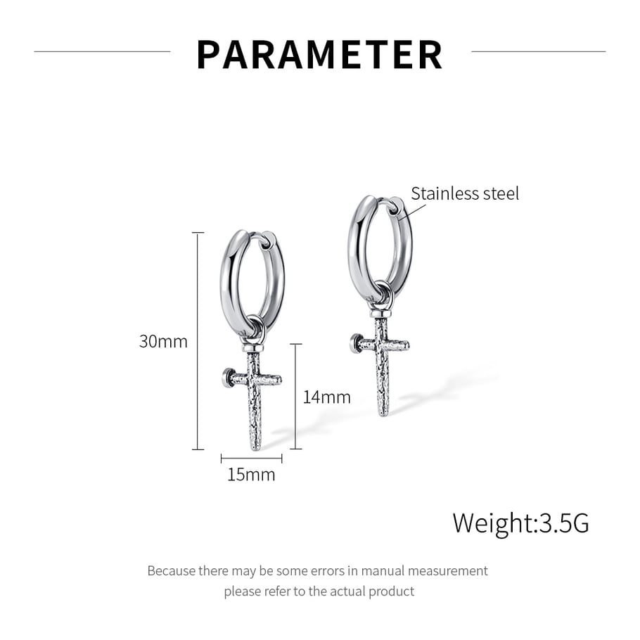 1 Pair Modern Cross Hammered texture Stainless Steel Men's Stud Earrings Picture7