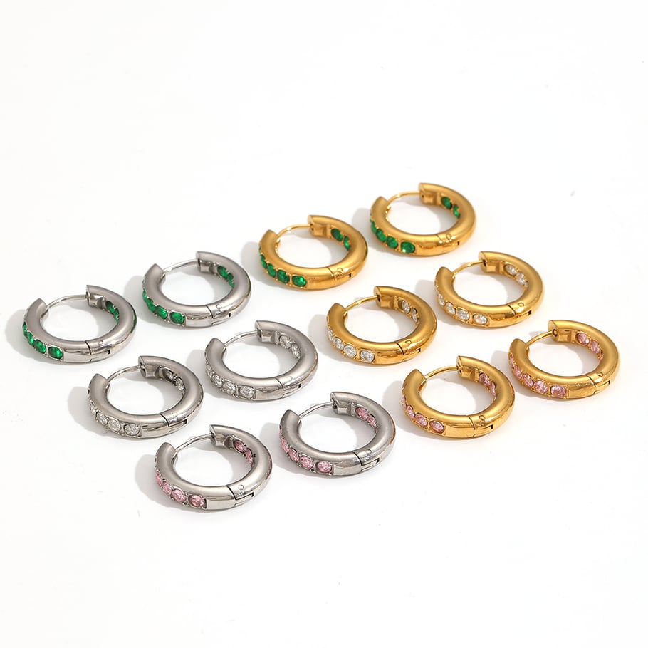 1 Pair Polychrome Series Shining Annular Stainless Steel Gold Color Zircon Women's Hoop Earrings Picture4