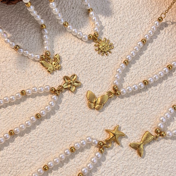 1 Piece Vacation Series Retro Marine Element Shape Stainless Steel Gold Color Women's Beaded Necklaces 2