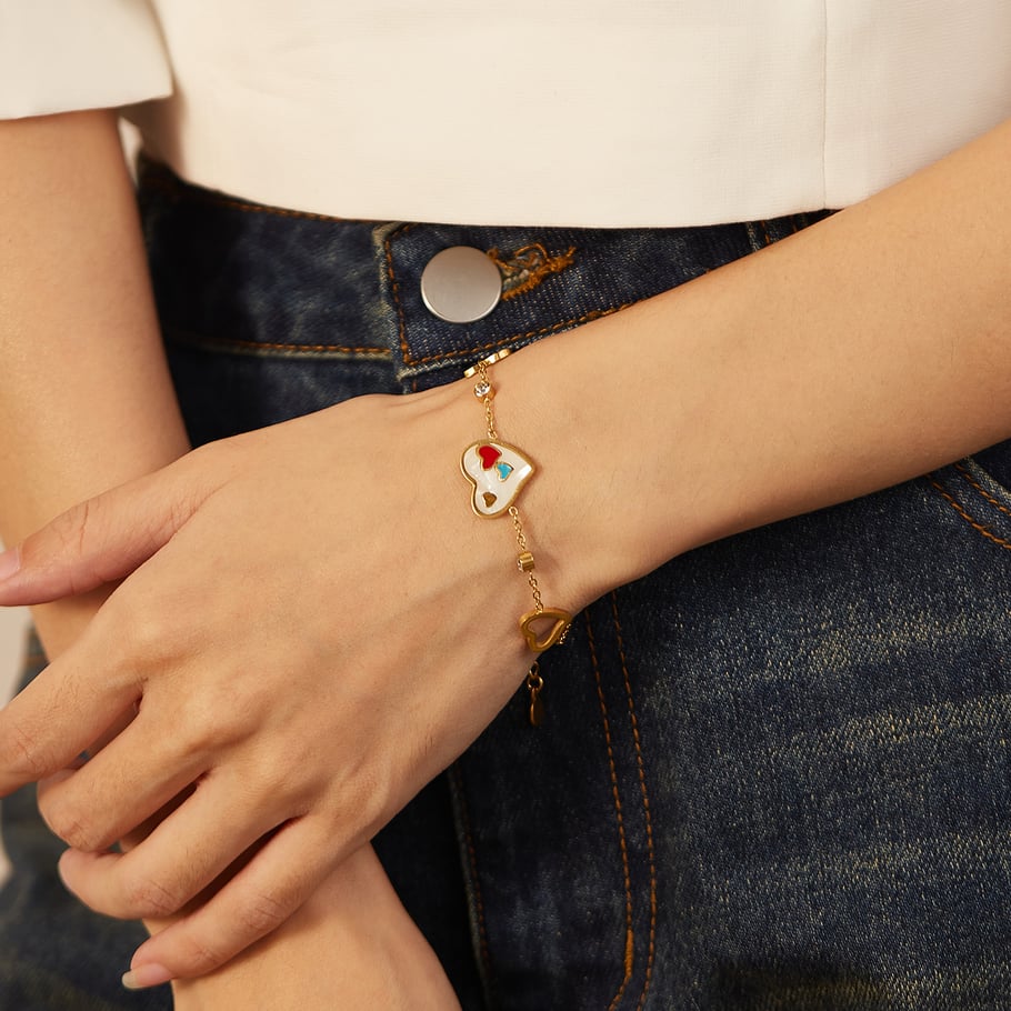 Pulsera de cadena de acero inoxidable color dorado con diseño de corazón diario de serie simple para mujer, 1 pieza Imagen7