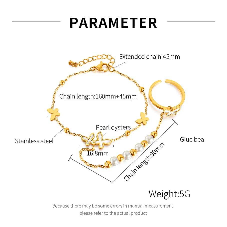 1 Piece Luxurious Series Daily Butterfly Stainless Steel Gold Color Women's Chain Bracelets With Ring Picture9