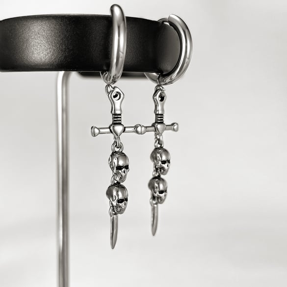 Ornate Skull & Sword Stainless Steel Men's Drop Earrings