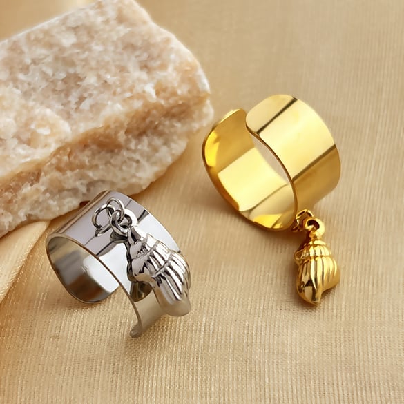 1 Piece Stylish Series Fashionable Conch Dangle Stainless Steel Gold Color Women's Adjustable Rings 2