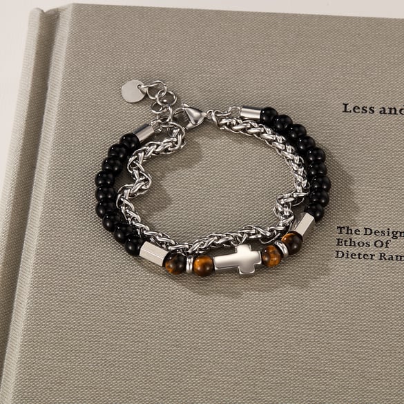 Retro Cross Tiger-eye Stone Stainless Steel Men's Beaded Bracelets 2