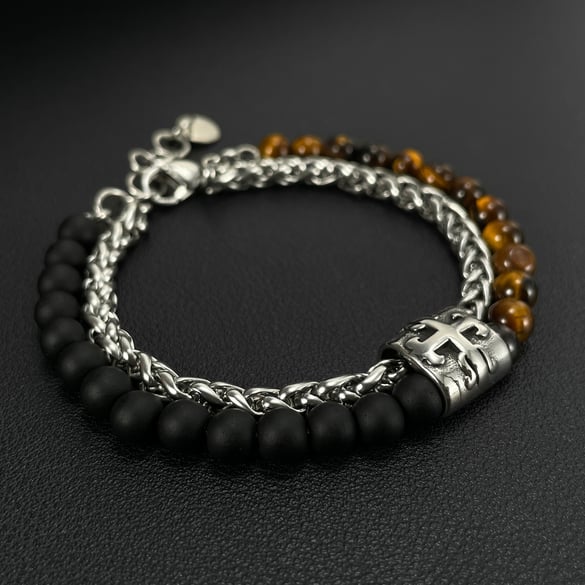 1 stuk tijgeroogsteen dubbellaags roestvrij staal heren kralen armband 2