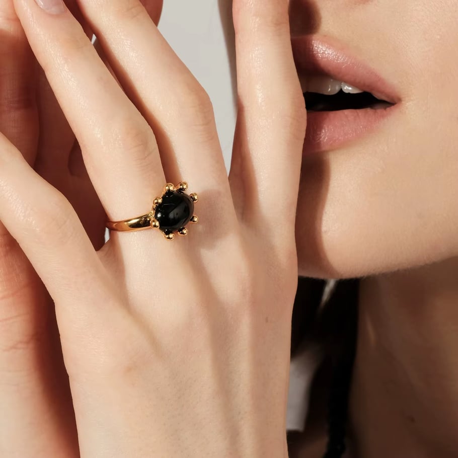 Bague simple pour femme, série luxueuse, style rétro français, ovale, en acier inoxydable, couleur or, pierre naturelle h5Image9