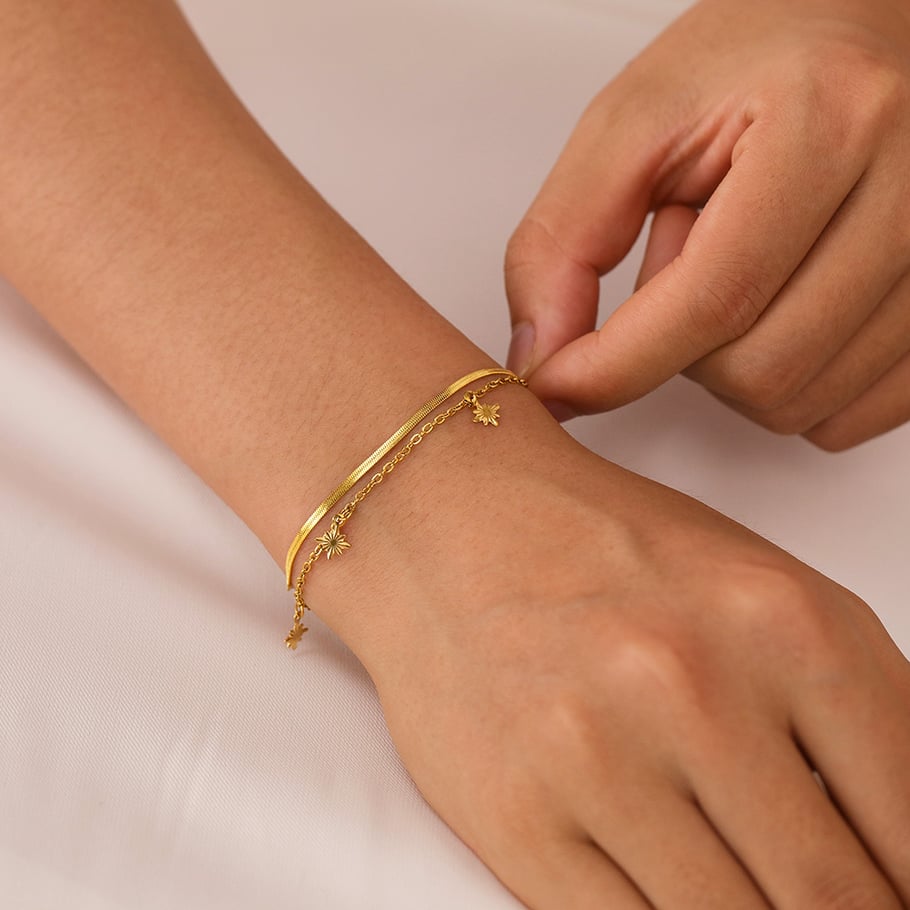 1 Piece Charming Series Daily Eight-pointed Star Double-layer Stainless Steel Gold Color Women's Chain Bracelets Picture8