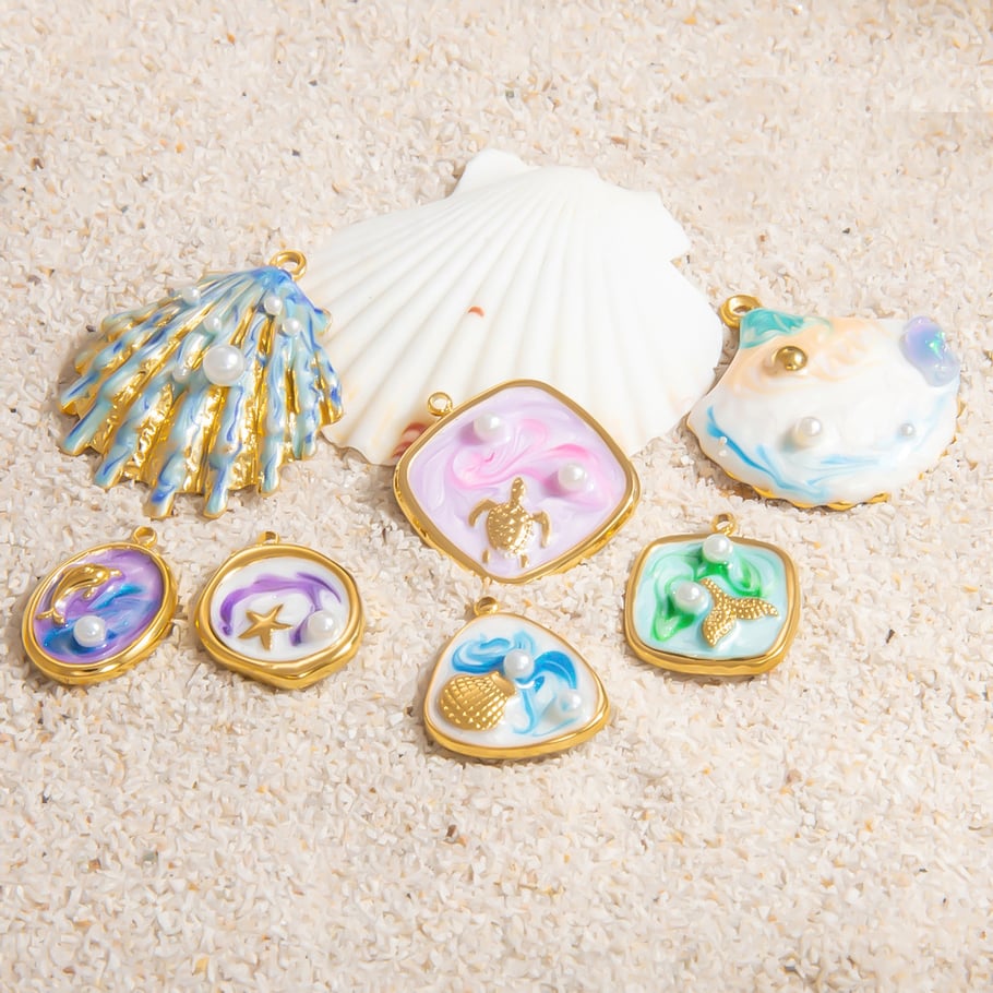 1 Piece Romantic Series Vacation Beach Marine Elements Oil-spot Glazing Stainless Steel Gold Color Shell Women's Pendants Picture5