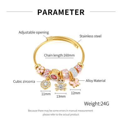 1 Piece Designable Series Cute Bow Knot Bear Beads Stainless Steel Gold Color Women's Bangles h5 Picture7