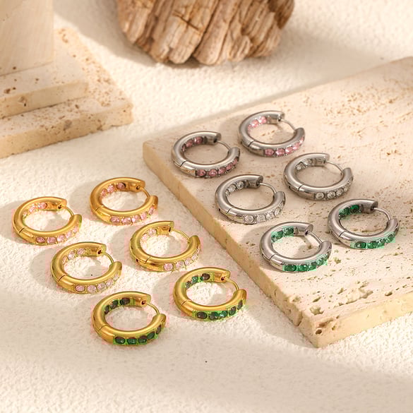 1 paire de boucles d&#39;oreilles créoles géométriques en acier inoxydable couleur or et zircon pour femme, série Simple Ins 2