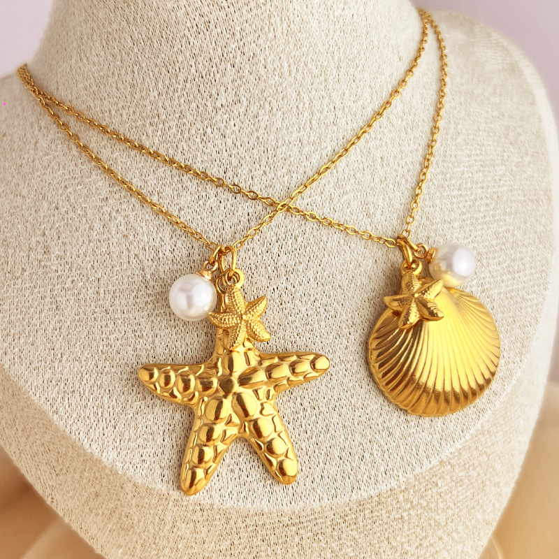 1 Stück Simple Series Retro Turtle Edelstahl Goldfarben Künstliche Perle Damen Anhänger Halsketten Bild4