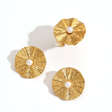 1 Pair Classic Series Retro Hammered Texture Circle Stainless Steel Gold Color Women's Earrings Set h5 Picture4