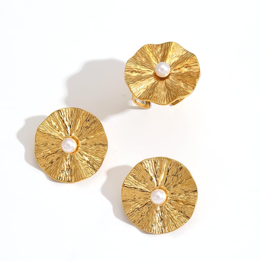 1 Pair Classic Series Retro Hammered Texture Circle Stainless Steel Gold Color Women's Earrings Set Picture4