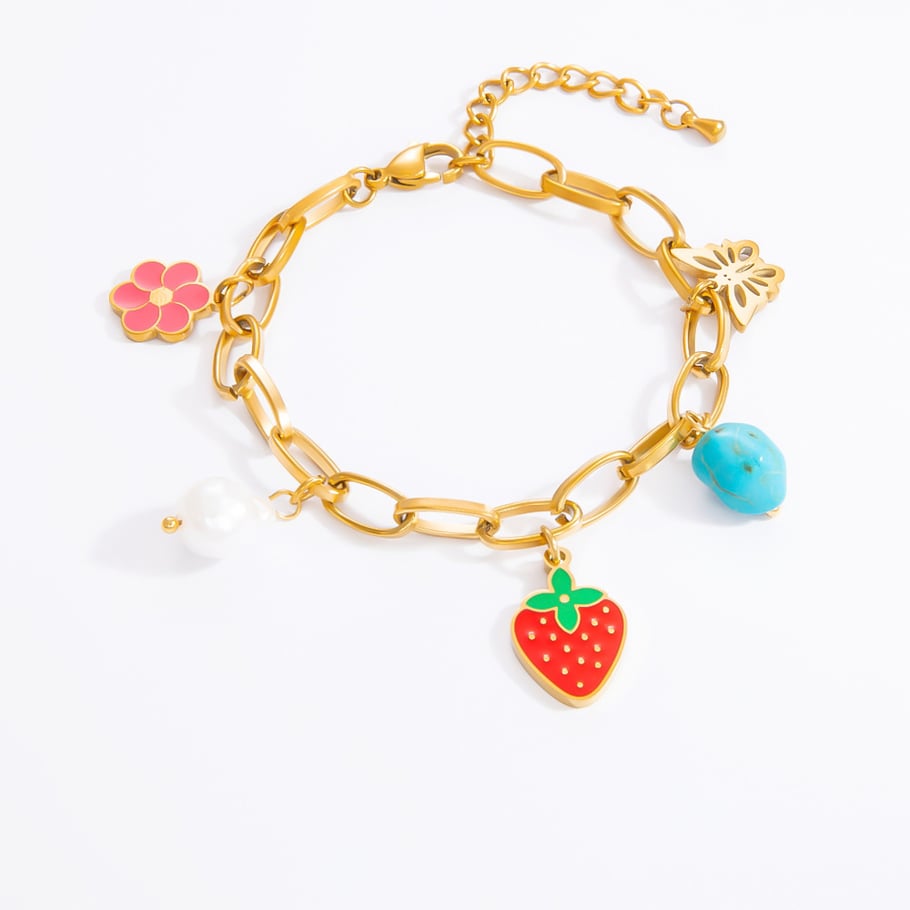 Pulseras con dijes de acero inoxidable dorado con diseño de flores románticas para mujer, 1 unidad Imagen7