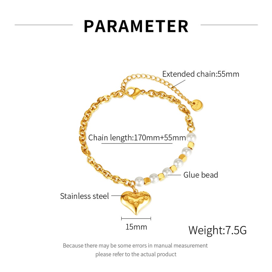 Pulseras con dijes de acero inoxidable dorado de 1 pieza con forma de corazón para mujer Imagen7