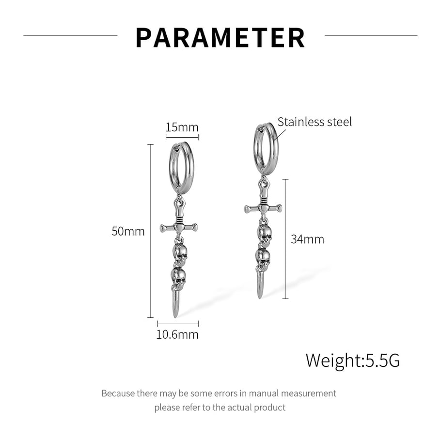Ornate Skull & Sword Stainless Steel Men's Drop Earrings Picture7