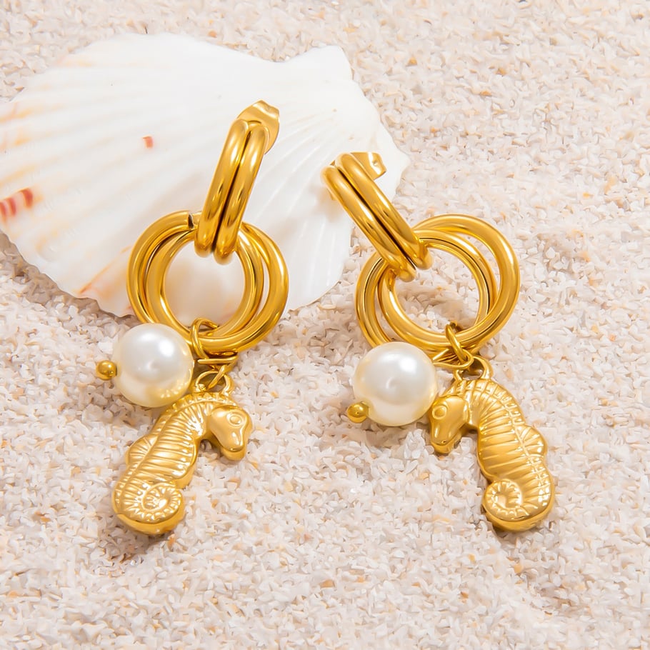 1 Pair Luxurious Series Charming Sea Horse Shape Stainless Steel Gold Color Women's Drop Earrings Picture5