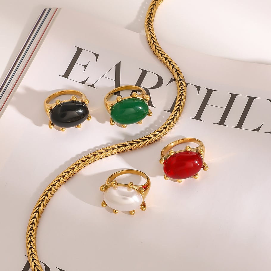 Anillos individuales de lujo para mujer, de acero inoxidable, color dorado, con piedra natural, estilo retro francés ovalado, de 1 pieza Imagen3