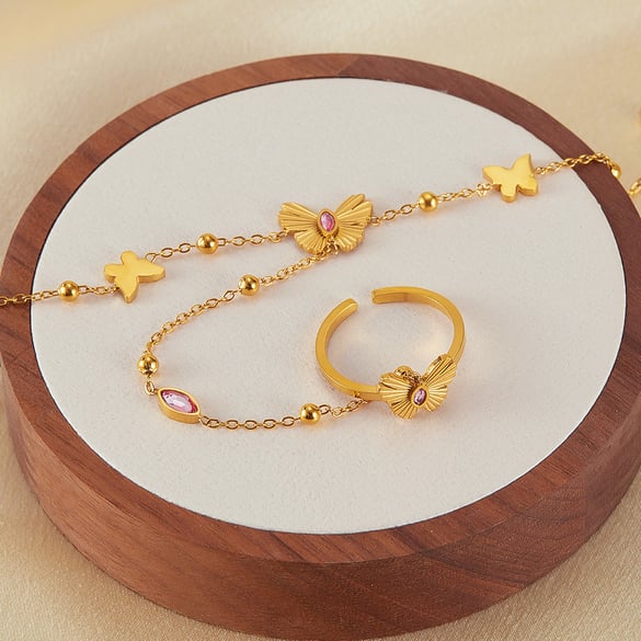 1 Piece Exquisite Series Daily Butterfly Stainless Steel Gold Color Women's Chain Bracelets With Ring