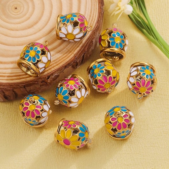 1 Piece Gorgeous Series Vogue Enamel Flower Pattern Bell Shape Stainless Steel Gold Color Women's Pendants 2