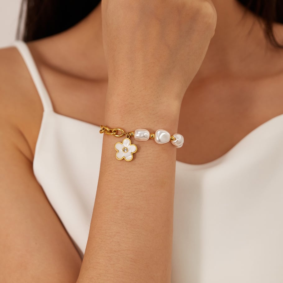 Pulseras con dijes de acero inoxidable dorados para mujer, serie simple, con flores diarias, 1 unidad Imagen7