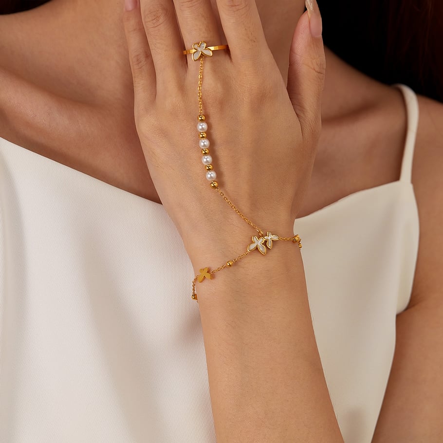 1 Piece Luxurious Series Daily Butterfly Stainless Steel Gold Color Women's Chain Bracelets With Ring Picture7