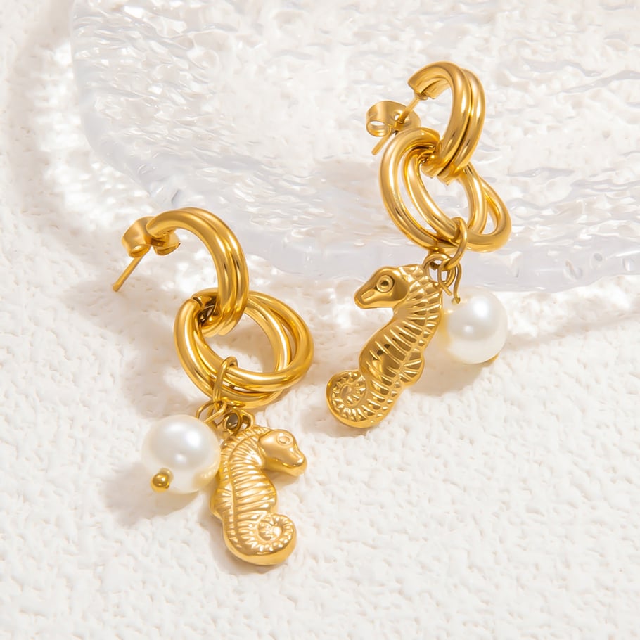 1 Pair Luxurious Series Charming Sea Horse Shape Stainless Steel Gold Color Women's Drop Earrings Picture4
