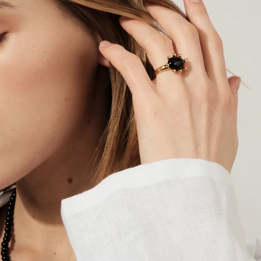Anillos individuales de lujo para mujer, de acero inoxidable, color dorado, con piedra natural, estilo retro francés ovalado, de 1 pieza Imagen9