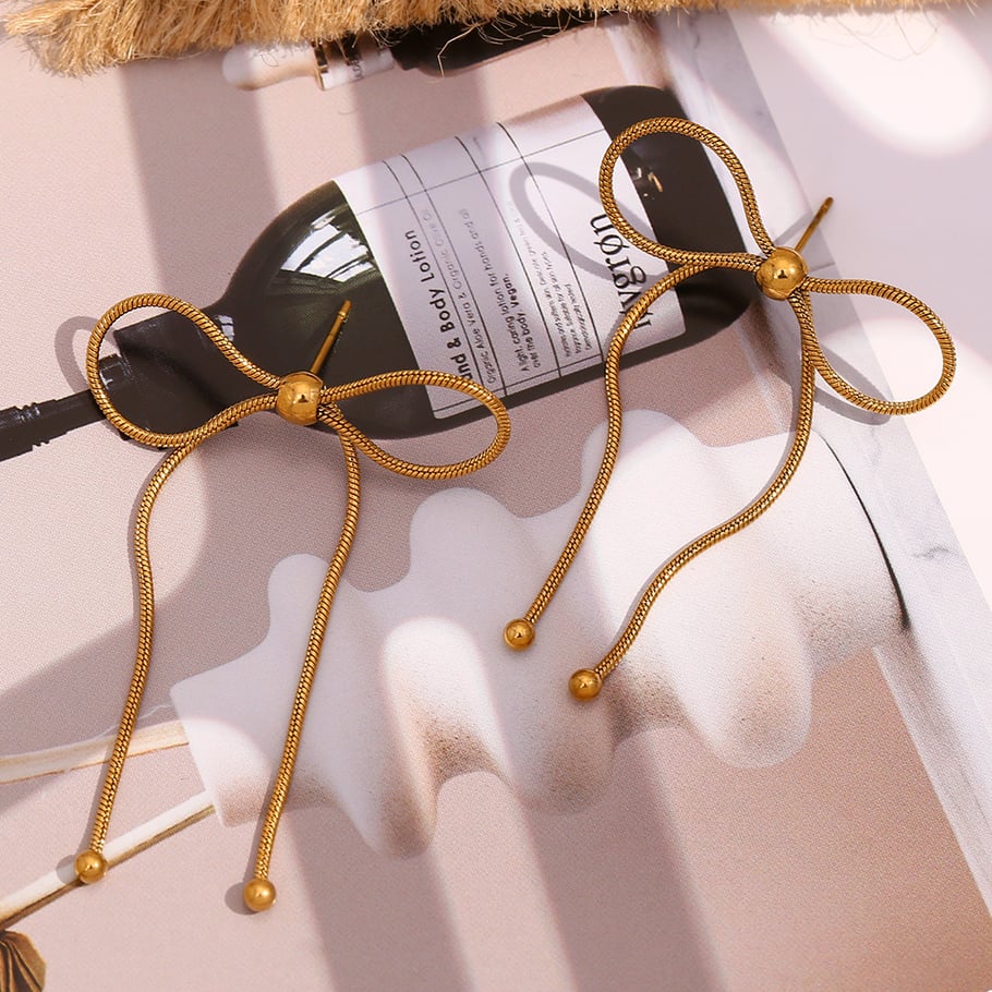 1 Pair Romantic Series Sweet Bow Knot Stainless Steel   Gold Color  Women's Drop Earrings Picture5