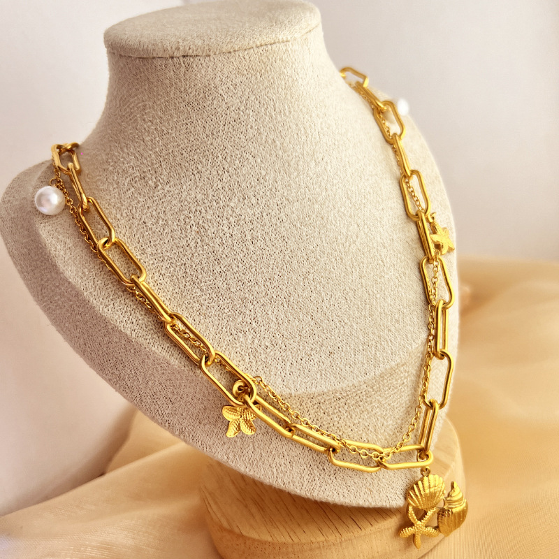 1 Piece Vacation Series Double-layer Exquisite Seashell Stainless Steel Gold Color Women's Layered Necklaces Picture5