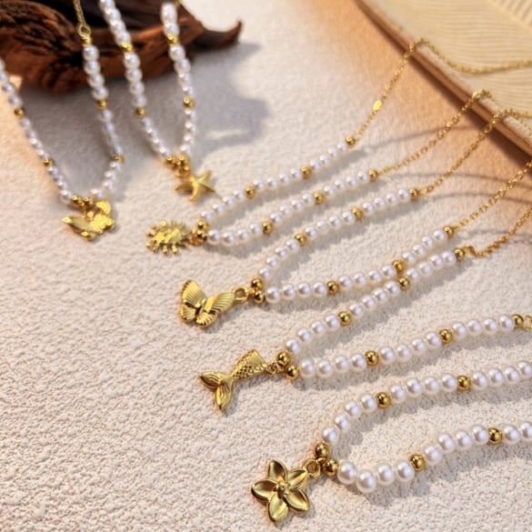 1 Piece Vacation Series Retro Marine Element Shape Stainless Steel Gold Color Women's Beaded Necklaces