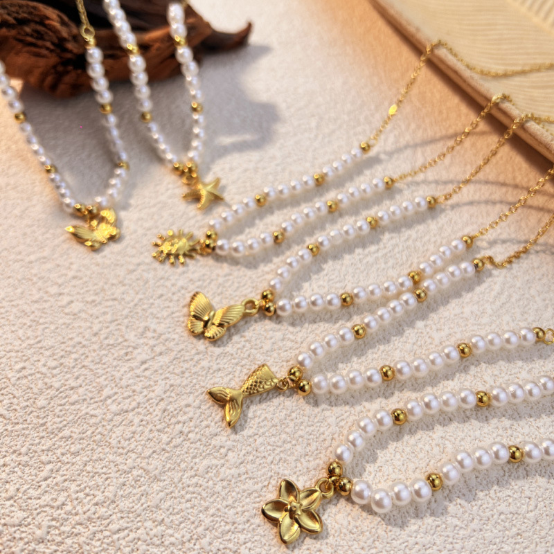 1 Piece Vacation Series Retro Marine Element Shape Stainless Steel Gold Color Women's Beaded Necklaces h5Picture3