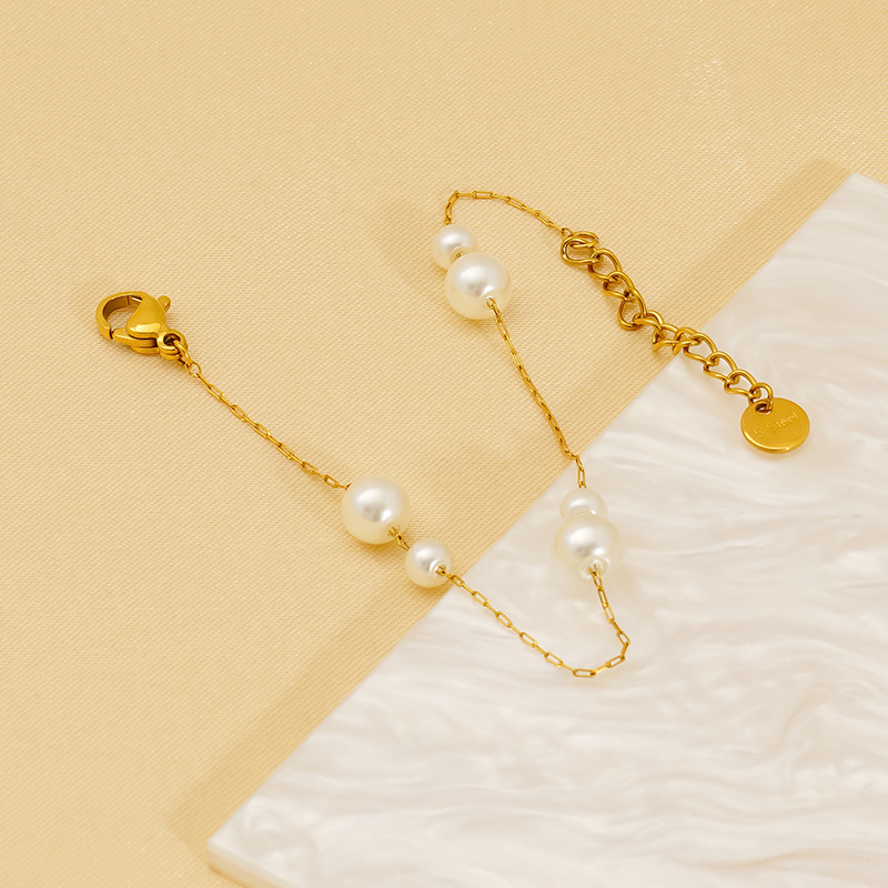 1 Piece Daily Stainless Steel 18K Gold Plated Artificial Pearl Women Chain Bracelets Picture3