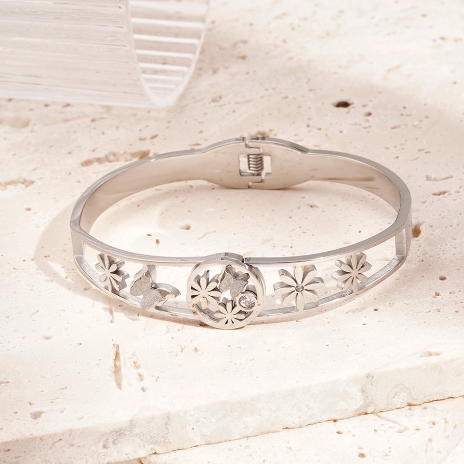 1 Piece Sophisticated Series Natural Flower & Butterfly Stainless Steel Gold Color Women's Bangles Picture5