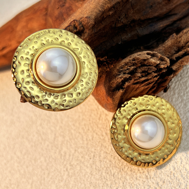 1 Paar einfache Serie Retro geometrische Edelstahl Gold Farbe künstliche Perle Damen Ohrstecker Bild5