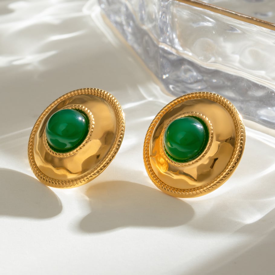 1 Pair Trendy Series Chic Annular Stainless Steel Gold Color Natural Stone Women's Stud Earrings Picture3