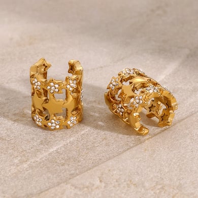 1 paire de boucles d&#39;oreilles à clip pour femme, style rétro, pentagramme, en acier inoxydable plaqué or 18 carats, strass h5 Image8