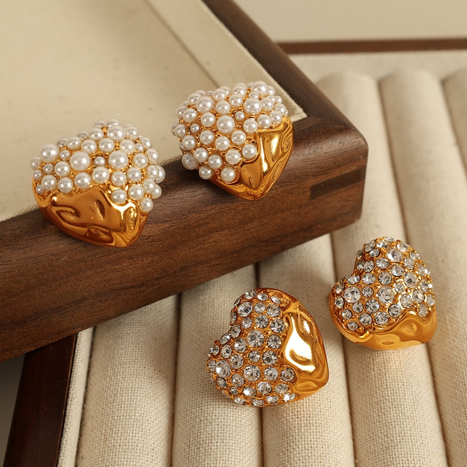 1 paire de boucles d&#39;oreilles à tige en acier inoxydable plaqué or 18 carats avec strass pour femme, série luxueuse, élégantes et en forme de cœur Image4