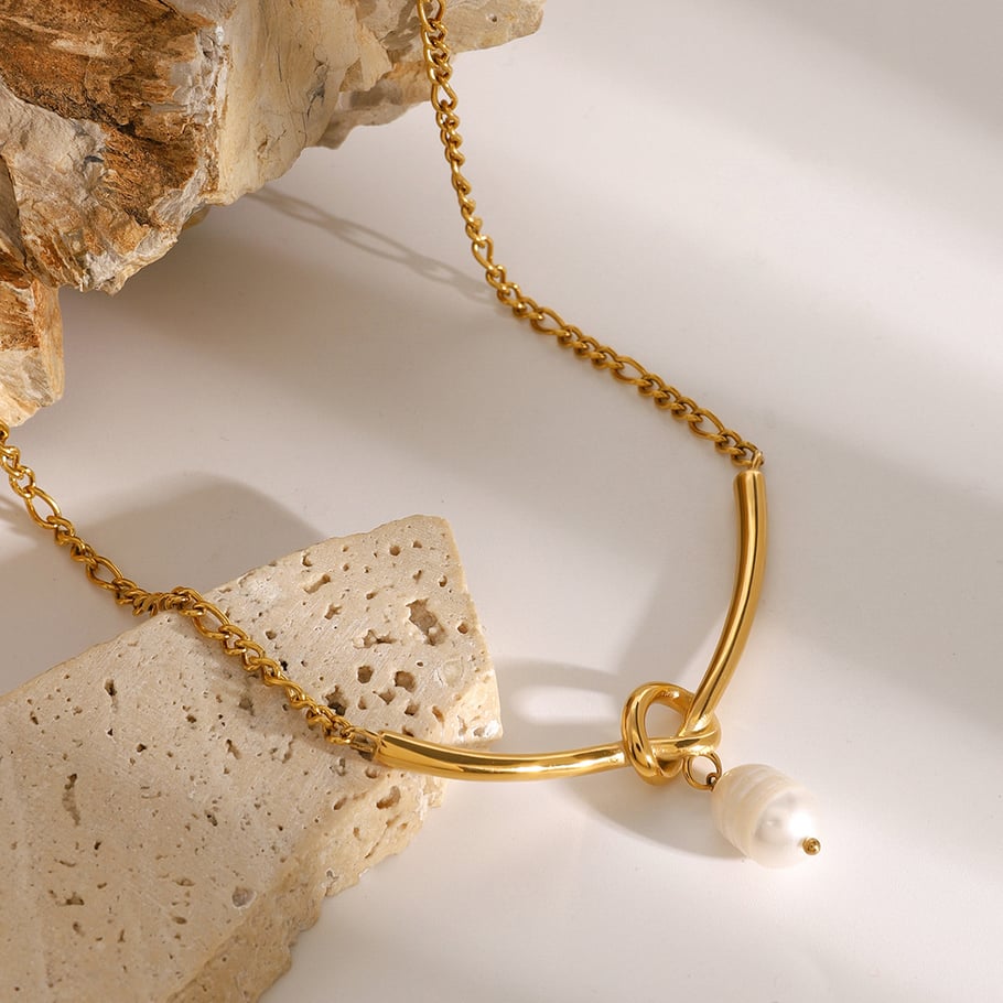 1 Stück Simple Series Elegant Twist Edelstahl 18 Karat vergoldete Kunstperle Damen-Halsketten Bild4