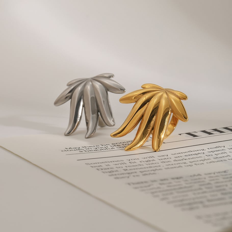 1 piece natural series style leaves shape titanium steel gold color women's single rings h5Picture4