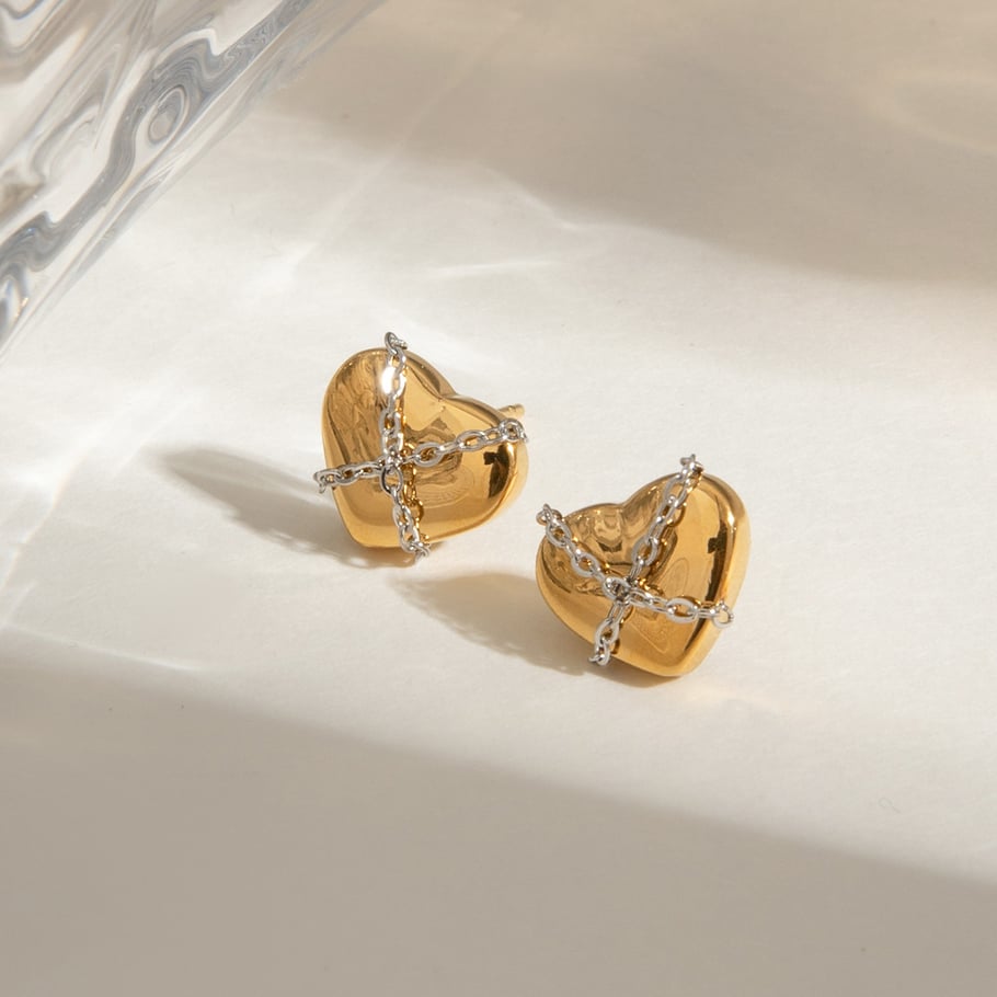 1 Pair Stylish Series Punk Chain Heart Stainless Steel Gold and Silver Color Women's Stud Earrings Picture7