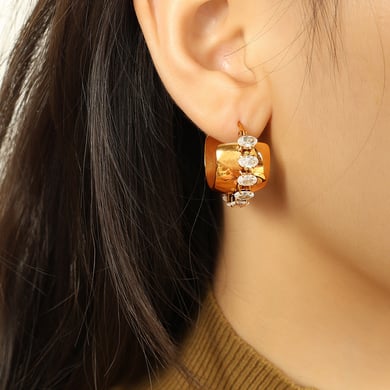 1 Pair Simple Series Retro Geometric Stainless Steel 18K Gold Plated Zircon Women Hoop Earrings h5 Picture4